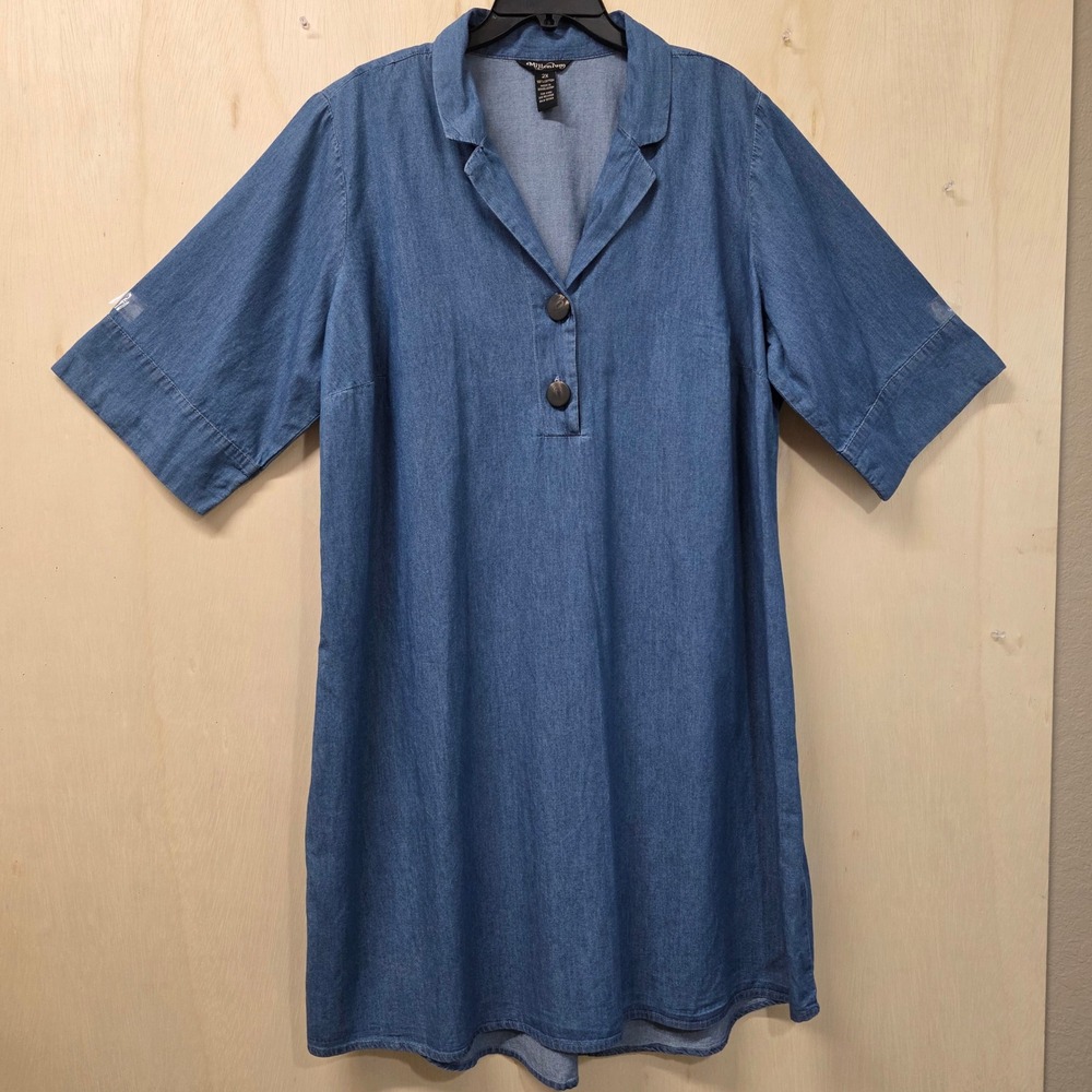 Millenium Womens 2X Blue Denim Cotton Short Sleeve Shift Dress Notched Lapel